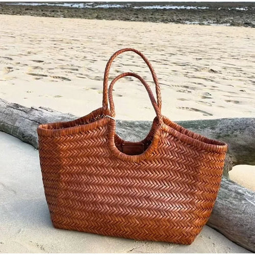 French Leather Woven Bag Fashion Simple Basket Bag Retro Advanced Handmade Bag New Versatile Commuting Women's Shoulder Handbag